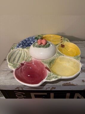 VTG Portugal Majolica Fruit Sectional Platter Center Lid Chip Dip Serving Tray